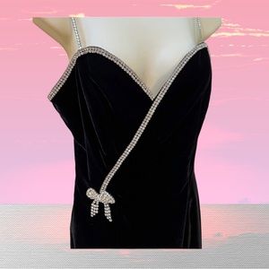 Vintage Dave & Johnny Black Velvet Rhinestone Formal Maxi Dress please read